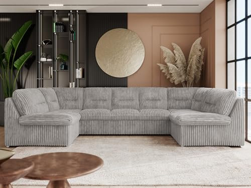 MKS MEBLE Wohnlandschaft COMODO U XXL – Sofa U-Form mit Schlaffunktion & Bettkasten, Schlafsofa mit Stauraum, freistehende Wohnzimmer Couch Ecksofa Polsterecke - Hellgrau Cord | inkl. T25 Topper