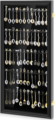 Silipull Vitrine murale en bois pour 60 cuillères à thé souvenirs avec porte en acrylique UV 98 % verrouillable (noir)