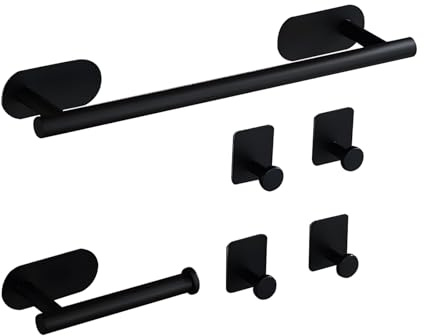 Bathroom Accessory Set, Self Adhesive Towel Rail, Toilet Roll Holder Self Adhesive Toilet Roll Holder - Wall Mounted for Convenient Bathroom Storage, No Drilling, Black