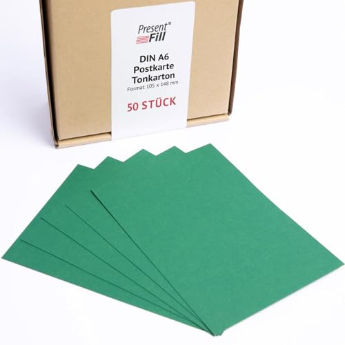 PresentFill® - blanko Postkarten Tonkarton Smaragd Grün, Papier-Karten Set 50 Stück 210 g/m² -DIN A6-105 x 148 mm zum Selbstgestalten, beschriften oder bedrucken als Bastelkarton, Karteikarten