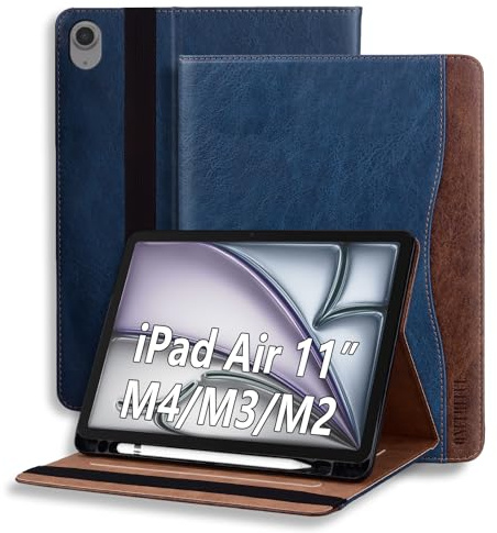 ONETHEFUL Funda para iPad Air 6 M2 2024/iPad Air 5 2022/iPad Air 4 2020 Funda de Piel PU para Tablet, Compatible para iPad Air 6/5/4 Generación con Pencil Soporte Auto-Sueño/Estela Azul
