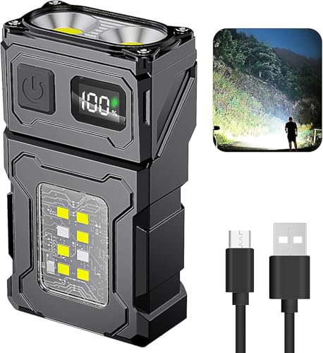 DoubleCare Mini Taschenlampe LED Aufladbar mit Batteriestandsanzeige, Kleine Taschenlampe 1000 Lumin, USB-C, IPX5, 1800 mAh, Taktische Taschenlampe mit Magnetfuß, Rotes & Blaues Warnlicht (Schwarz)