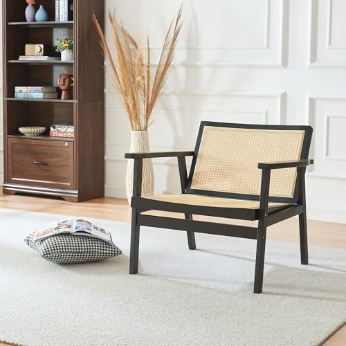 Panana Rattan Accent Chair Mid-Century Modern Chair Lounge Chair with Solid Wood Frame (Armchair Walnut)