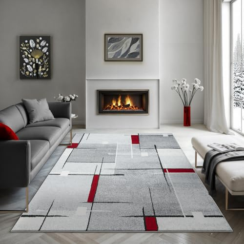 the carpet Pearl – Moderner Kurzflor Teppich, dichter Flor, geometrisches Muster, Konturenschnitt, Wohnzimmer & Schlafzimmer Teppich, Kariert, Grau Rot, 140 x 200 cm