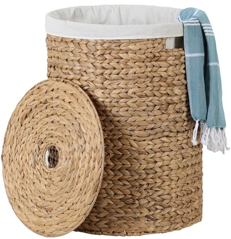 Cesto para la colada con tapa, 85 L, redondo, con bolsa para la colada, cesta de baño, 58 cm, jacinto de agua, color natural, Skandi Boho Chic Landhaus Zenta L IN820