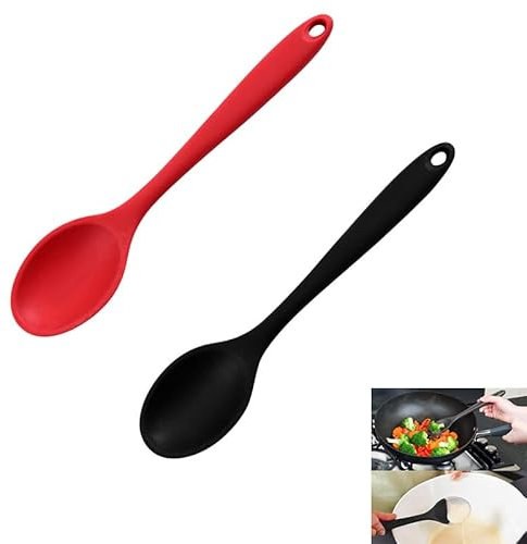 2PCS Heat-Resistant Silicone Mixing Spoons - Plastic Serving Utensils for Cooking, Stirring, Scooping and Mixing Food Grade Soup (Red and Black)