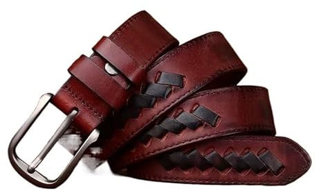 DXZXDJIU Hochwertiger geflochtener Ledergürtel for Herren | Vintage Casual Jeans Dornschließe mit Klauenschnalle(Burgundy,105cm)