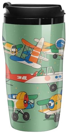 Stanley-Kaffeetasse mit Deckel, 340 ml, Kunststoffbecher, versiegelter Trinkdeckel, Wasserbecher, Teetasse, viele Cartoon-kleine Flugzeuge, bedruckte Tassen, passt in Auto-Becherhalter