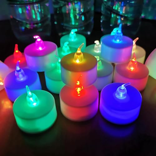 Lot de 24 bougies chauffe-plat à piles, 7 bougies chauffe-plat vacillantes à changement de couleur, sans flamme, fausses bougies LED sans flamme, longue durée de 200 heures, pour les jours les plus