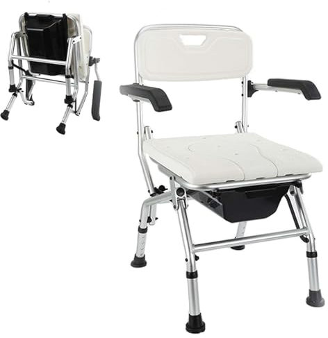 Generisch Toilettenstuhl Höhenverstellbar Ergonomische Rückenlehne Klappbar WC-Stuhl Antirutschenden Nachtstuhl Dusch Badehilfen Duschstuhl mit Armlehne und Toiletteneimer,Weiß