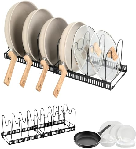 WEELOO Expandable Pan & Pot Lid Organiser Cupboard Storage Rack | Multi-Functional Kitchen Organiser with 10 Adjustable Separators, Retractable Desktop Chopping Board Holder