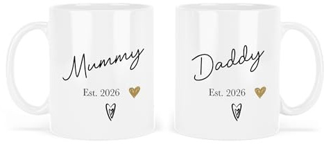 UNIQUEPGIFTS New Mummy and Daddy Mug Set 2026, Mum and Dad Gifts, Pregnancy Reveal, Congratulations, Christmas, Birthday Keepsake for Him or Her, White 11 Oz Mugs