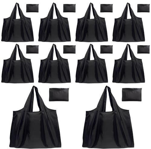 MEIDIV 10PCS Large Reusable Foldable Shopping Bag, 58x40CM Foldable Tote Shopping Bag, Folding Reusable Grocery Bags, Fold up Bags Washable Handbag for Storage Black