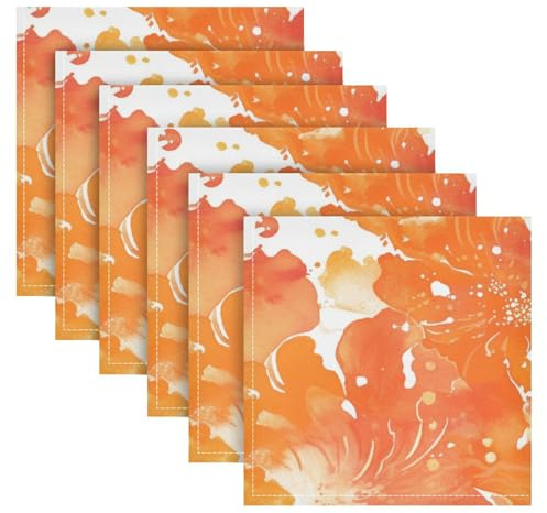Lot de 6 serviettes de table réutilisables et lavables en polyester Motif fleurs orange 50,8 x 50,8 cm