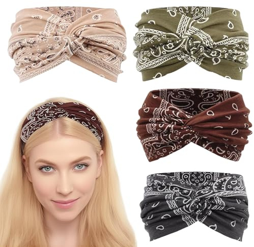 KLINNA 4er Pack Haarbänder Damen, Breite Elastische Stirnband im Boho Stil, Weiche Kopftücher Mehrfarbig und Dünn für Yoga, Sport & den Alltag im Sommer, Stirnbänder Damen