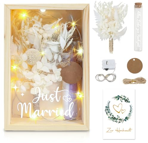 Geldgeschenk Hochzeit, JustMarried Hochzeitsgeschenk für Brautpaare, Geschenk Hochzeit Geld für Brautpaar, Geldgeschenke mit Trockenblumen Holzbox Reagenzglas, Verlobung, Hochzeitstag, Wedding Gift