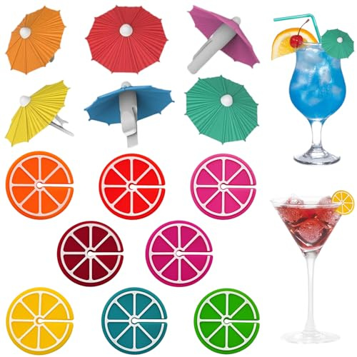 Wine Glass Charms, 14Pcs Reusable Silicone Wine Charms, Glass Identifiers for Drinks, Umbrella, Lemon Shaped Drink Markers for Champagne Flutes, Cocktails, Parties, Carnivals, Banquets, Weddings