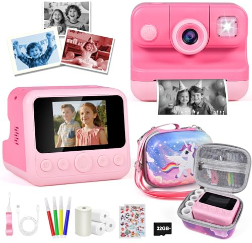 Appareil Photo pour Enfants, Appareil Photo instantané 2,4 Pouces pour Enfants avec étui, Carte 32 Go, Appareil Photo numérique pour Enfants, Cadeaux pour garçons et Filles de 3 à 12 Ans (Rose)