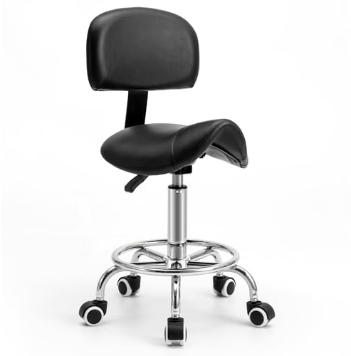 Sattelhocker mit Lehne – 360° drehbarer Hocker mit Rollen und verstellbarer Fußstütze | Sattelhocker mit Rollen höhenverstellbar 49-61 cm | Ideal für Büro, Salon und Kosmetik als Rollhocker (Schwarz)