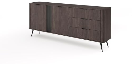 FURNLUX VERIS Sideboard, Dark Oak & Black, Laminated Chipboard/MDF/HDF, 195 x 38 x 81 cm, 2 Doors with Shelves, 3 Drawers