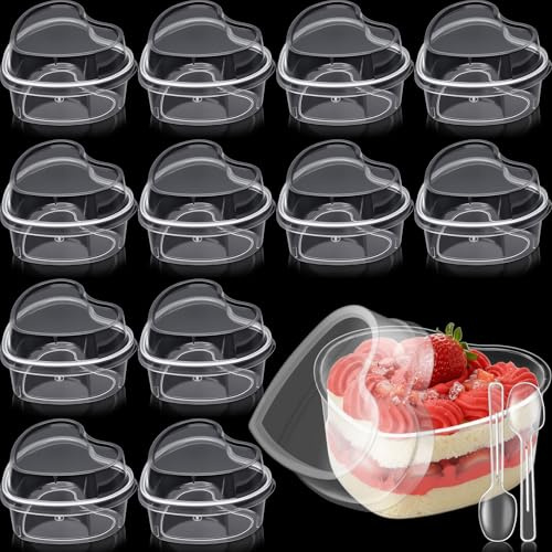 Potchen 12 Pack Heart Shaped Dessert Cups with Lids and Spoons 4 oz Mini Plastic Dessert Container Appetizer Parfait Cups Clear Shooter Container for Valentine Wedding Serving Party