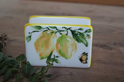 Dekorativer Keramik Serviettenhalter, Weiß mit gelber Kante, Zitronen und Schmetterling Motiv, 11,5 x 8 x 5,5 cm