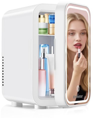 Enventor Mini Fridge 6L/ 8 Can, 3-Level Dimmable LED Mirror, AC+12V DC | Skincare Fridge, Portable Cooler & Warmer for Bedrooms, Home, Car/Cosmetics, Skin Care and Food, White