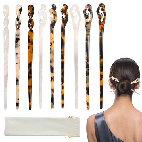 PYSEOSISE Bâton à Cheveux en Acétate, 9 Pièces Baguettes à Cheveux, Épingles Vintage Hair Sticks Écaille Fourche French Twist Hair Pin pour Femme