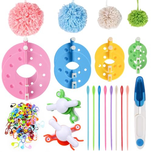 Set di 10 pompon Maker, 4 misure, con vari accessori riutilizzabili, adatti per la produzione di pompon, fai da te, cappelli, bambole e decorazioni