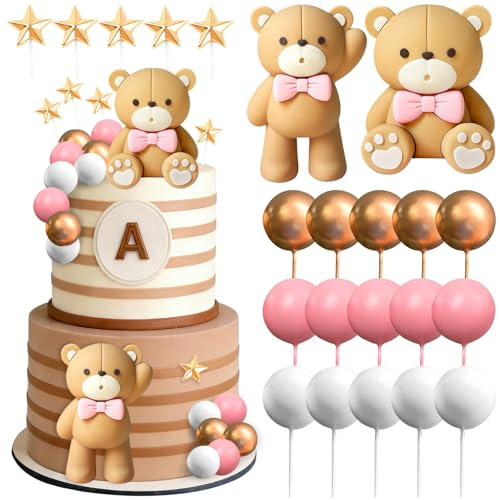 Decorazioni Torta Orso, 22 Pezzi Orsetto Cake Topper, Stella Palline Decorative per Torte, Carino Decorazione Torta Bambini, per Feste a Tema, Compleanni, Baby Shower, Matrimoni (Rosa)