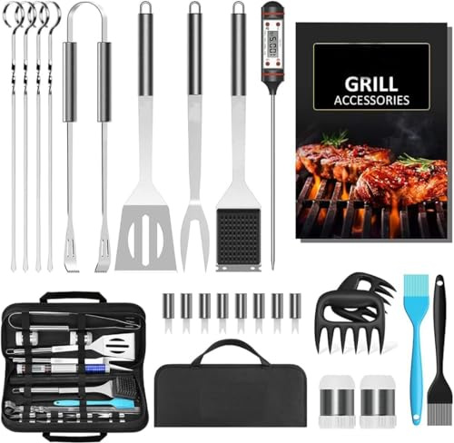Juego de 25 utensilios para barbacoa, juego de accesorios para parrilla de acero inoxidable, kit para cocinar de camping y cocina, con bolsa, utensilios de barbacoa portátiles, regalo para hombre y