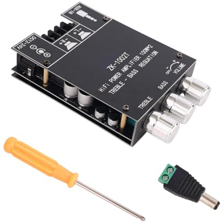 ZK-1002T Bluetooth Amplifier Board, 100W+100W Stereo Amplifier Board with Treble & Bass Control Supports AUX/Bluetooth Wide Voltage Input 12-24V, Include User Manual (Pre-Assembled)