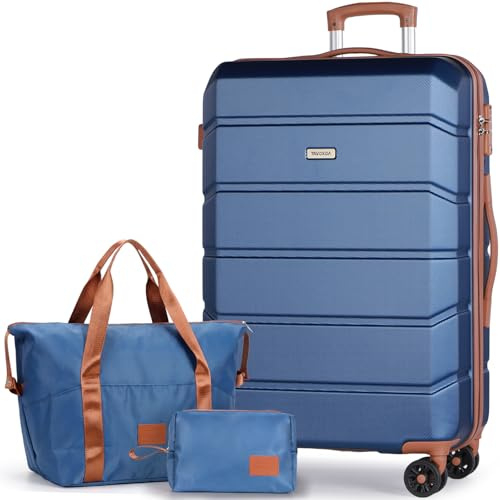 Tavoxda Suitcase Sets 3 Piece, Hard Shell Lightweight ABS Trolley Travel Luggage Set Spinner Wheels & TSA Lock with Travel Duffel Bag and Toiletry Bag, 28” Large Set, Blue