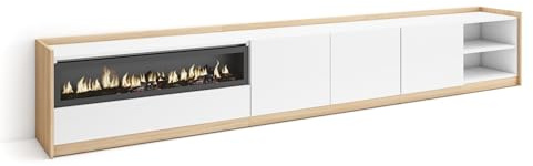 Skraut Home | Mueble TV | Muebles de salón, almacenaje | 310x50x37 cm | para televisión hasta 80 | Chimenea eléctrica | Estilo Moderno | Blanco y Roble Soft