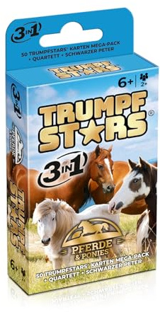 Gomazing TRUMPFSTARS Hästar och ponnyer kortspel 3 i 1 – Trumpf Quartett Black Peter – 50 kort Mega Pack – hästkort spel från 6 år – för 2 eller fler spelare – plastfri förpackning