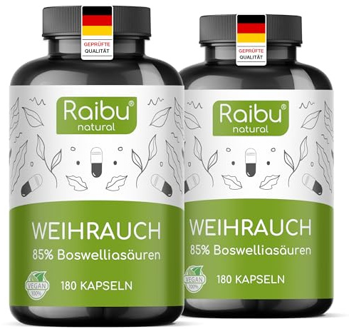 Weihrauch Kapseln hochdosiert - 2200 mg Boswellia Serrata Extrakt - 85% Boswelliasäuren - Indischer Weihrauch - 360 vegane Kapseln - nach deutschen Qualitätsstandards - Raibu (Packung mit 2)