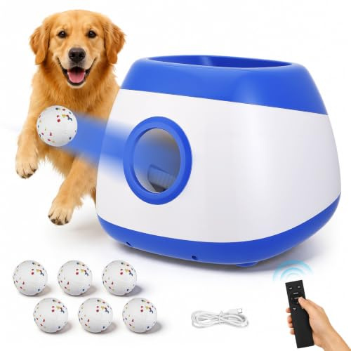 Yapasopu Máquina automática de lanzamiento de pelotas para perros, pelota de juguete para perros con 6 pelotas de tenis de 2 pulgadas, distancia ajustable de 12/16/20 m, juguete interactivo para