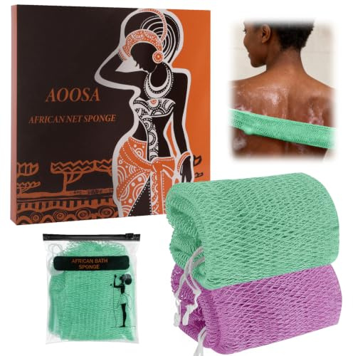 AOOSA Spugna da bagno African Mesh con nodi - Viola+verde oliva | Spugna da bagno esfoliante con retro abrasivo, spugna lunga per il corpo, spugna a rete ad asciugatura rapida, unisex