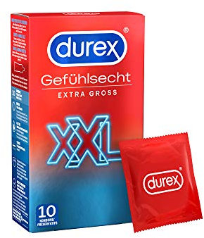 Durex Gefühlsecht XXL Kondome – Perfekter Sitz & leichtes Abrollen – Dünn, große Passform, befeuchtet, transparent – 10er Pack (1 x 10 Stück)