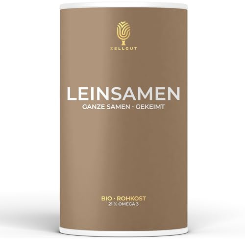 ZELLGUT© BIO LEINSAMEN GANZ 250g • als Topping oder VOLLKORN MEHL zum BACKEN, Brot, MÜSLI Smoothie • 100% ROH & gekeimt • Leinsamen PUR • GLUTENFREI • mit 21% Omega 3 Fettsäuren