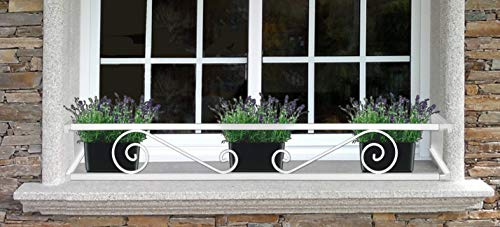CM Garden - Balconcillo para Macetas Extensible 140-200 cm, Balconcillo para Plantas, Portamacetas Ventana, Protector de macetas, Modelo Volutas, Blanco