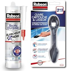 Rubson mastic bain & cuisine blanc Pur hygiène, mastic étanche et anti-moisissures à base de silicone + Rubson ouvre cartouche et lisseur - pour tout type de mastic