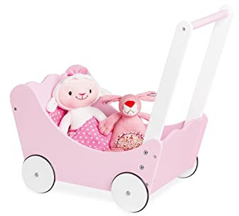 PINOLINO Puppenwagen Jasmin Komplettset, 4-tlg., Rosa & Weiß, Inkl. Bettzeug, Gummierte Räder, MDF, Für Kinder ab 3, Ideal als Geschenk