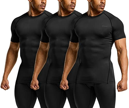 TSLA Men's UPF 50+ Quick Dry Short Sleeve Compression Shirts, Athletic Workout Shirt, Water Sports Rash Guard, Core Tops 3pack Jet Black, Small