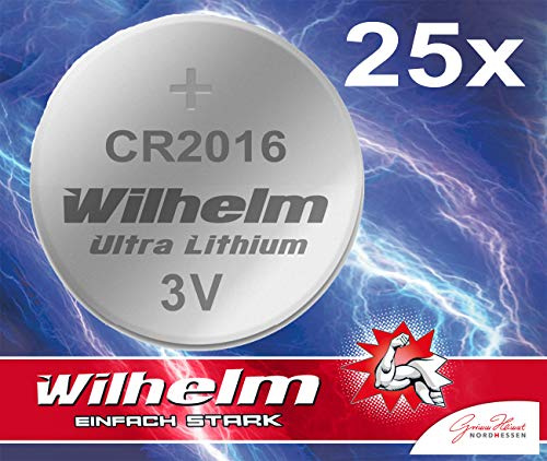 Wilhelm CR2016 Lithium Knopfzellen 3V – 90 mAh, ø20 x 1,6 mm – 25 Stück