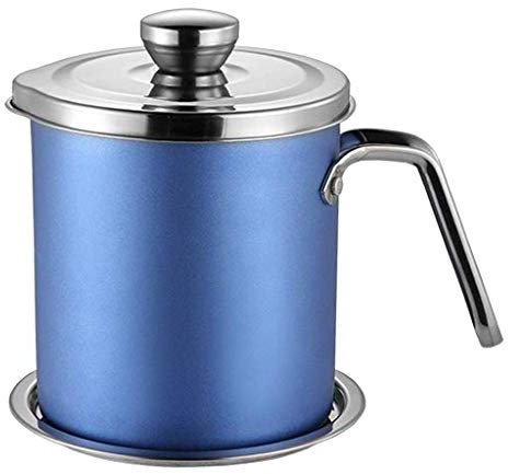 Tubayia Stainless Steel Grease Jug Oil Strainer Pot Bacon Fat Container Oil Storage Container Kitchen Grease Container (Blue 2L)