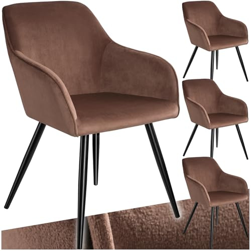 tectake® 4er Set moderner Esszimmer Stuhl, Sitzfläche aus Samt, Armlehnstuhl, Sessel Wohnzimmer, gepolsterter Bürostuhl mit schwarzen Metallbeinen, Schminktisch Stuhl - braun/schwarz