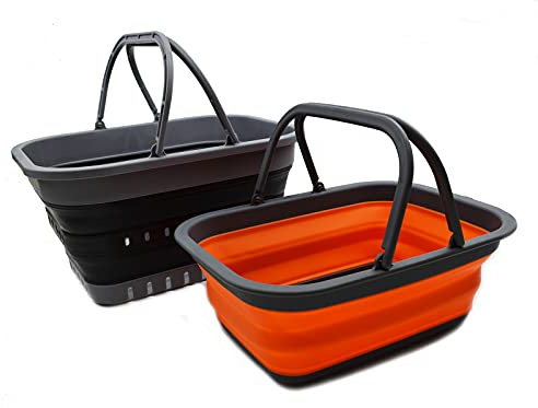 SAMMART 9.2L & 19L Faltbare Wanne mit Griff - Tragbarer Picknickkorb/Krater für den Außenbereich - Faltbare Einkaufstasche - 2 Stück (Orange & Schwarz)
