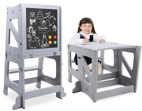 YOLEO Torre Montessoriana Bambini, 3 in 1 Torre Montessoriana Pieghevole, Multifunzionale Learning Tower, Set tavolo e sedia trasformabili con Lavagna Magnetica Bifacciale (Grigio)