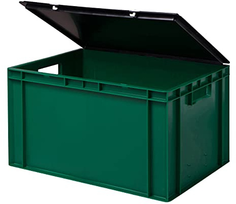 Stabil professionell förvaringslåda, stapellåda, eurolåda, stapellåda med lock, plastlåda, finns i 5 färger och 21 storlekar för industri, affärer, hushåll (grön, 60 x 40 x 33 cm)